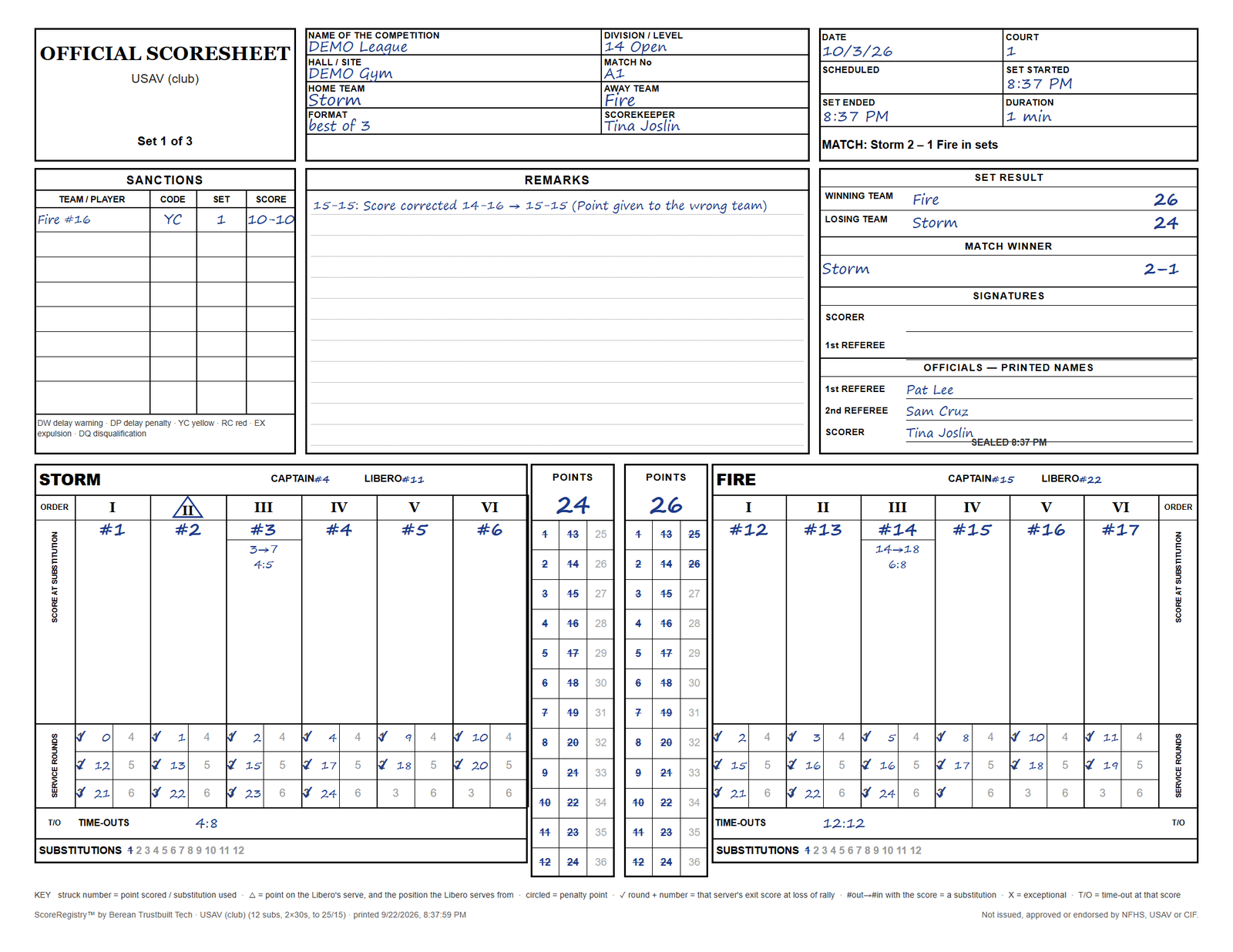 Club sheet (USAV style): set 1 of a scored match as ScoreRegistry prints it